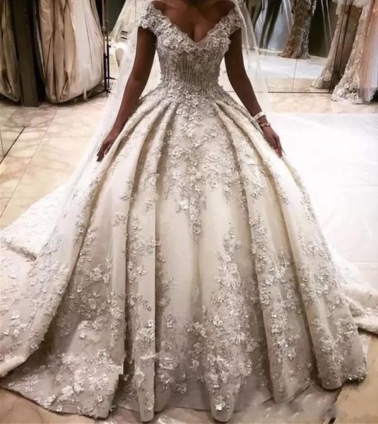 2019 arabic luxurious ball gowns wedding dresses 3d flower appliques puffy off the shoulder cathedral train wedding gowns, White
2019 arabic luxurious ball gowns wedding dresses 3d flower appliques puffy off the shoulder cathedral train wedding gowns, White