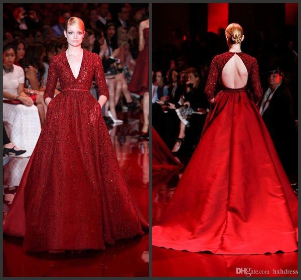2019 new elie saab prom dresses long deep v-neck 3/4long sleeve evening gowns beaded crystal belt chapel train satin celebrity pageant dress, Black;red
2019 new elie saab prom dresses long deep v-neck 3/4long sleeve evening gowns beaded crystal belt chapel train satin celebrity pageant dress, Black;red