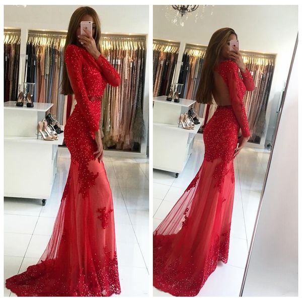 2019 scoop neck long sleeves mermaid prom dresses red lace appliques slim petite beaded backless ladies evening party gowns custom, Black
2019 scoop neck long sleeves mermaid prom dresses red lace appliques slim petite beaded backless ladies evening party gowns custom, Black