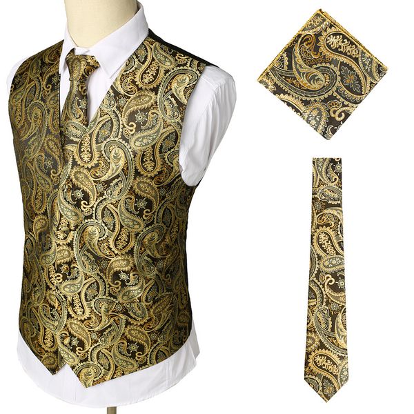 

2018 new men's classic paisley jacquard waistcoat vest handkerchief party wedding tie vest suit pocket square set, Black;white