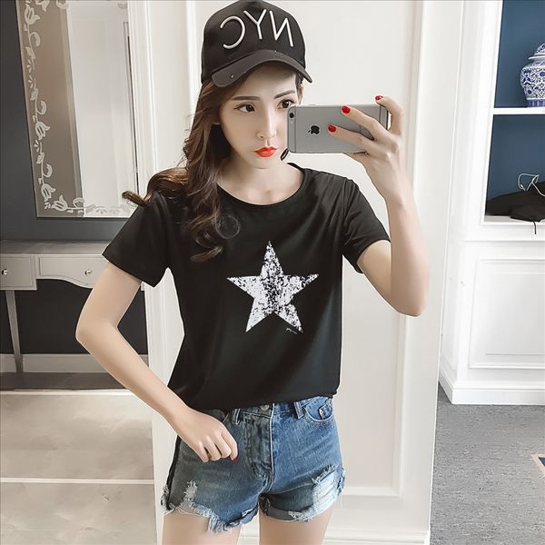 2019 base small loose round collar short sleeve shirt t-shirt with five-pointed star pattern, White 
2019 base small loose round collar short sleeve shirt t-shirt with five-pointed star pattern, White