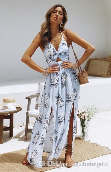summer long bohemian backless dress ladies casual floral printed v neck dress women bandage split dresses, Black;gray
summer long bohemian backless dress ladies casual floral printed v neck dress women bandage split dresses, Black;gray