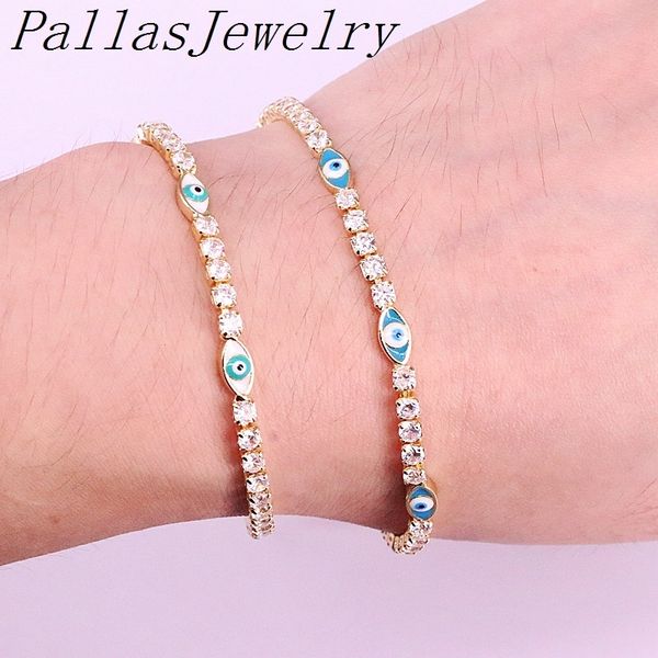 10pcs 2019 lucky turkish evil eye enamel tennis cz link chain bracelet gold color lucky cute girl adjustable bracelet, Golden;silver