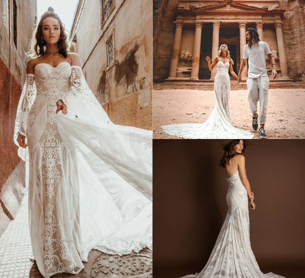 2019 bohemian wedding dresses sweetheart lace appliqued sweep train detachable sleeves mermaid wedding dress plus size country bridal gowns, White
2019 bohemian wedding dresses sweetheart lace appliqued sweep train detachable sleeves mermaid wedding dress plus size country bridal gowns, White