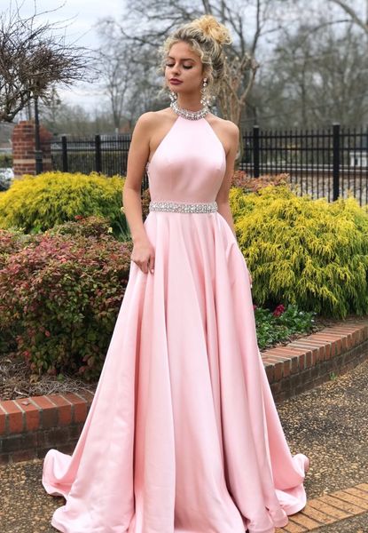 pink halter prom dresses beaded neck satin floor length backless graduation party dresses formal evening dresses, Black
pink halter prom dresses beaded neck satin floor length backless graduation party dresses formal evening dresses, Black