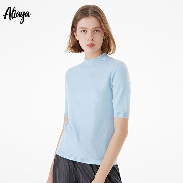 

aliaga autumn new 100% pure cashmere short sleeve crew neck white sweater pullover jumper cashmere knitwear, White;black