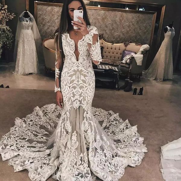 vintage mermaid lace wedding dresses long sleeve bridal gowns 2019 v neck court train illusion plus size wedding dress, White
vintage mermaid lace wedding dresses long sleeve bridal gowns 2019 v neck court train illusion plus size wedding dress, White