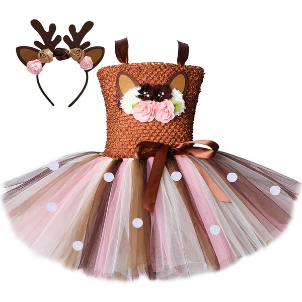 

flower deer tutu dress tulle baby girls christmas birthday party dress kids halloween reindeer elk cosplay costume with headband, Red;yellow