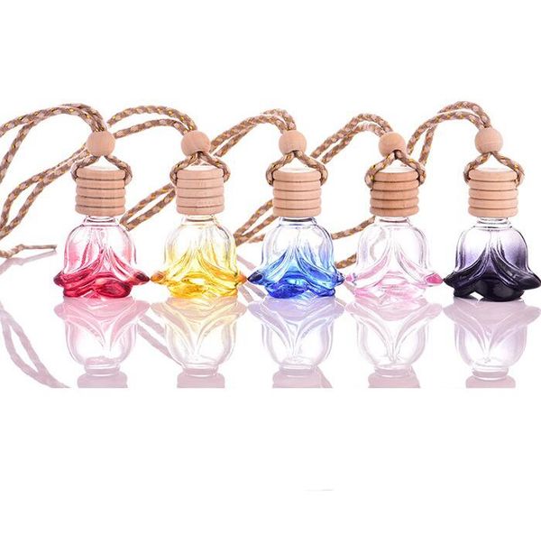 Rose Perfume Bottle Flower Shape Empty Glass Car Essential Oils Perfume Pendant Ornament Rose Fragrance Bottles 6styles Gga1919