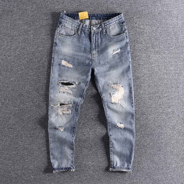 2020 new arrival men's big hole baggy straight pants light blue worn out trendless 9-point tattered jeans trouser 0310
2020 new arrival men's big hole baggy straight pants light blue worn out trendless 9-point tattered jeans trouser 0310