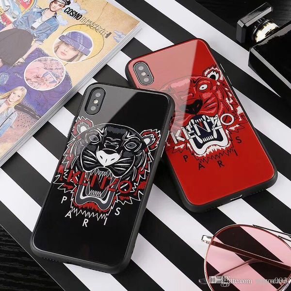 New For iPhone X brand printed tiger head tempered glass phone case for iphone X 7 7plus TPU + PC hard cover for iphone 8 8plus