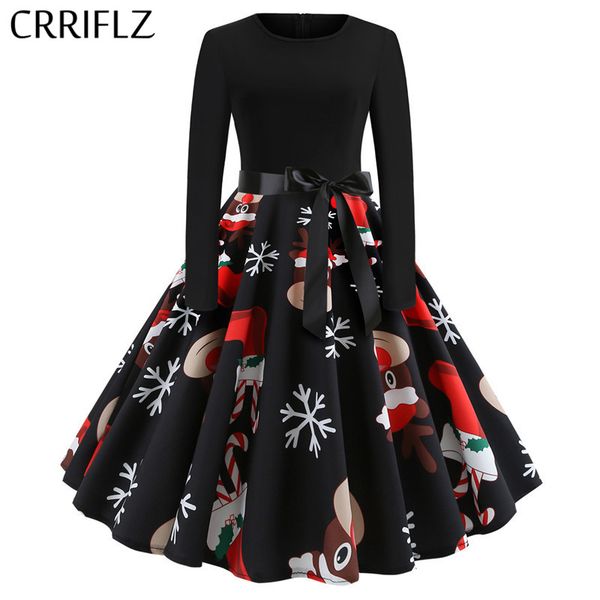 

winter christmas dresses women 50s 60s vintage robe swing pinup elegant party dress long sleeve casual plus size print black, Black;gray