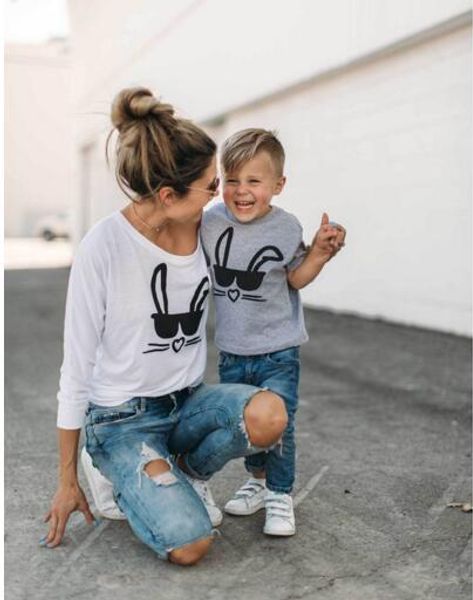 2019 new brand mother toddler baby kids girls boys family matching t-shirt casual outfits rabit printed clothes, Blue