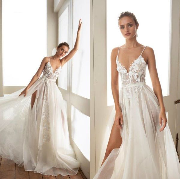 beach julie vino wedding dresses spaghetti lace flower appliques bridal gowns side split sweep train a line wedding dress, White
beach julie vino wedding dresses spaghetti lace flower appliques bridal gowns side split sweep train a line wedding dress, White