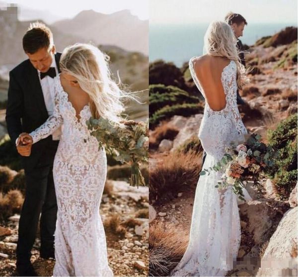 2019 bohemian lace wedding dresses mermaid long sleeves floor length backless beach boho garden bridal gowns see through, White
2019 bohemian lace wedding dresses mermaid long sleeves floor length backless beach boho garden bridal gowns see through, White