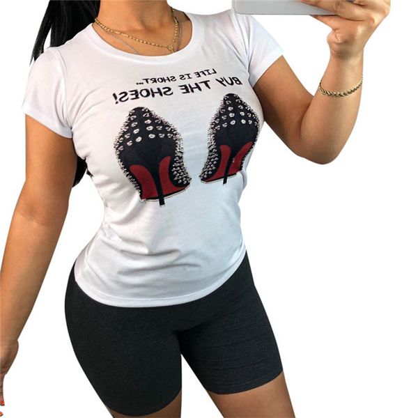 

Shoes Print Short Sleeve Womens Tshirts Summer O-Neck Skinny Fashion Ladies Tops Casual Girls Sexy Designer Tees