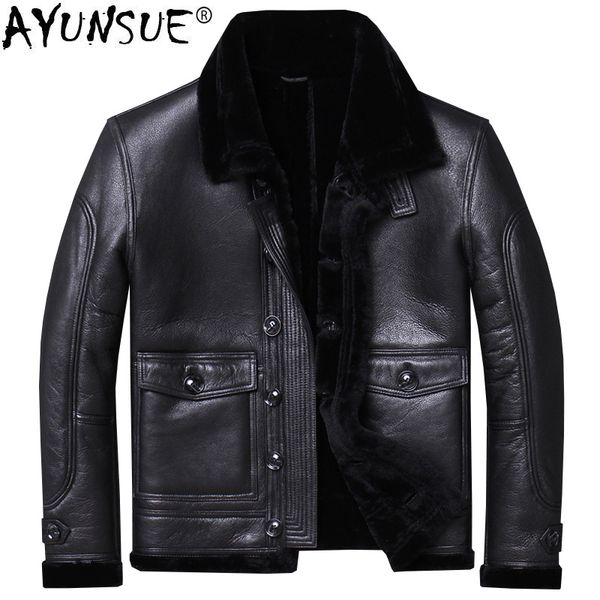 ayunsue men's genuine leather jacket winter coat men sheep shearling motorcycle flight jacket wool lining sheepskin coat u-m803, Black
ayunsue men's genuine leather jacket winter coat men sheep shearling motorcycle flight jacket wool lining sheepskin coat u-m803, Black