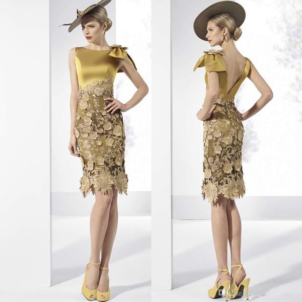 elegant gold lace mother of the bride dresses bateau neck sheath backless 3d appliqued wedding guest dress knee length formal evening gowns, Black;red
elegant gold lace mother of the bride dresses bateau neck sheath backless 3d appliqued wedding guest dress knee length formal evening gowns, Black;red