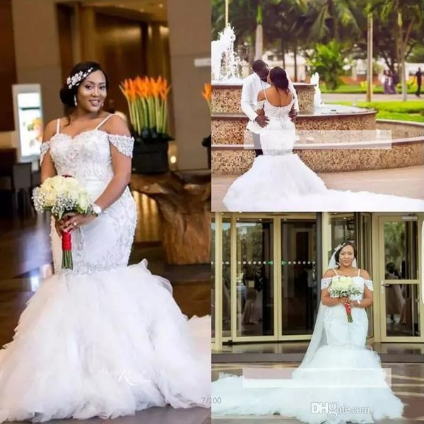 african plus size wedding dresses spaghetti straps lace appliques beadding capped mermaid wedding dress tiered tulle long bridal gowns, White
african plus size wedding dresses spaghetti straps lace appliques beadding capped mermaid wedding dress tiered tulle long bridal gowns, White
