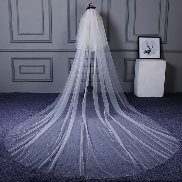 2 layers pure ivory tulle long cathedral bridal veil with comb 4 meters veils with pearls elegant wedding accessories, Black
2 layers pure ivory tulle long cathedral bridal veil with comb 4 meters veils with pearls elegant wedding accessories, Black