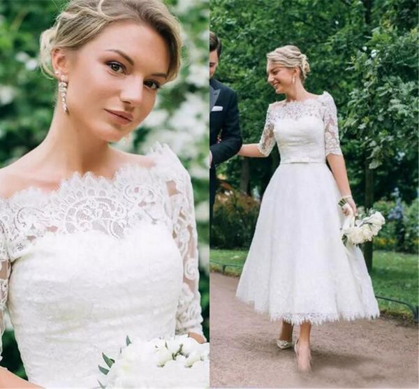 country boat neck tea length wedding dresses bridal gowns off the shoulder half lace sleeves a line tulle, White
country boat neck tea length wedding dresses bridal gowns off the shoulder half lace sleeves a line tulle, White
