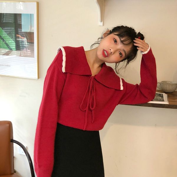 women's sweaters japan style cute lace-up turn-down collar knitted sweater women spring fashion red pullover woman kawaii jumper, White;black
women's sweaters japan style cute lace-up turn-down collar knitted sweater women spring fashion red pullover woman kawaii jumper, White;black
