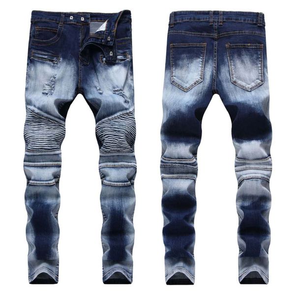 new fashion slim pleated locomotive pants men, small straight tube hole trend high street personality designer jeans, Blue
new fashion slim pleated locomotive pants men, small straight tube hole trend high street personality designer jeans, Blue