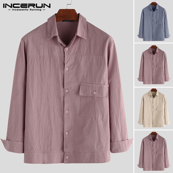 

incerun fashion men casual shirt cotton long sleeve turn-down collar retro solid color leisure shirts men camisa streetwear, White;black