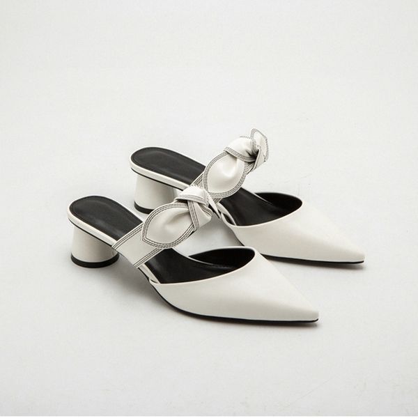 ankle bow knot sandals women pointed toe mules med-high heels slippers round heels gladiator sandalias mujer, Black