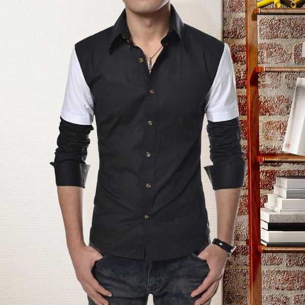 men long-sleeves turn down collar buttons stitching business shirt, White;black
men long-sleeves turn down collar buttons stitching business shirt, White;black