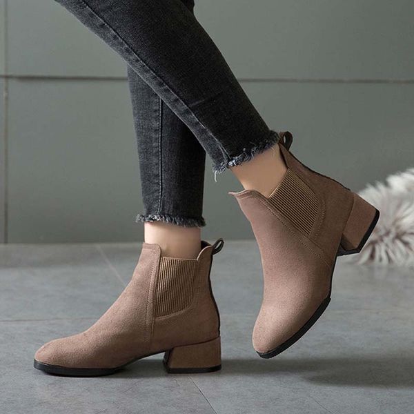 

women ankle boots autumn flock slip-on round toe med chunky heel solid casual lady boot black camel winter boots