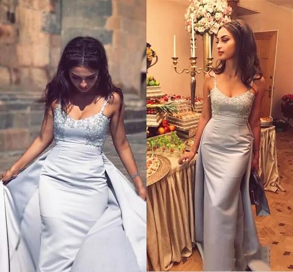 grey blue prom dress with overskirt spaghetti straps appliqued lace satin mermaid party gowns evening dress custom made plus size, Black
grey blue prom dress with overskirt spaghetti straps appliqued lace satin mermaid party gowns evening dress custom made plus size, Black