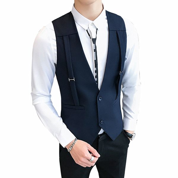 

fashion v-neck slim nightclub men's bar stage fashion suit vest / high-quality urban handsome solid color stitching vest jacket, Black;white