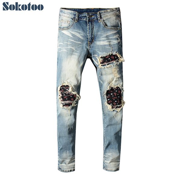 

sokotoo men's bandanna paisley printed biker jeans for motorcycle vintage blue ripped stretch denim pants