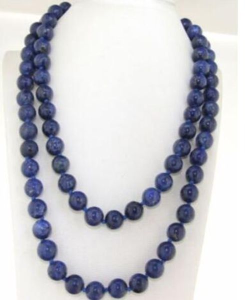 natural single knotted 8mm blue stone beads necklace 48 inch, Silver