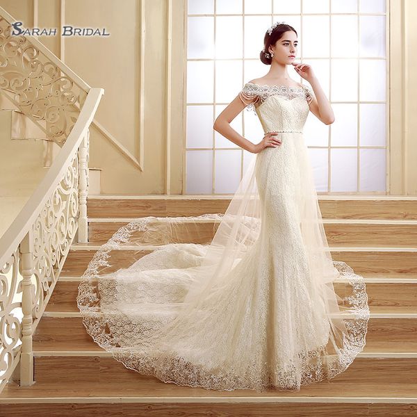 

2019 Mermaid Sleeveless Off Shoulder Lace Up with Tulle Overskirt and Pearls Sweep Train Sleevless Wedding Bridal Gowns SQS02