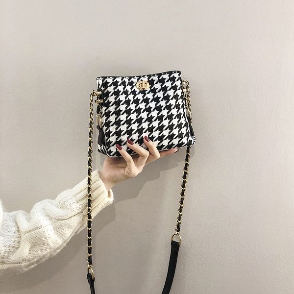 women's crossbody bag korean fashion chain bag woolen & pu leather shoulder houndstooth cute pouch