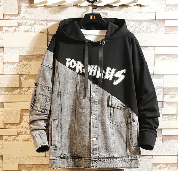 designer spring men's hip hop hooded jackets spliced denim+cotton overcoat drawl string hooded collar outerwear coat men autumn jackets, Black;brown
designer spring men's hip hop hooded jackets spliced denim+cotton overcoat drawl string hooded collar outerwear coat men autumn jackets, Black;brown
