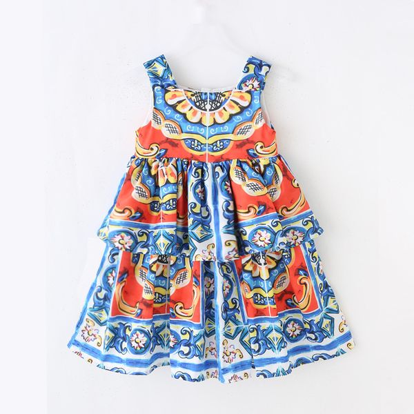 

Children's Dress Summer Girls printing suspenders Dress European and American baby children clothing, Brown