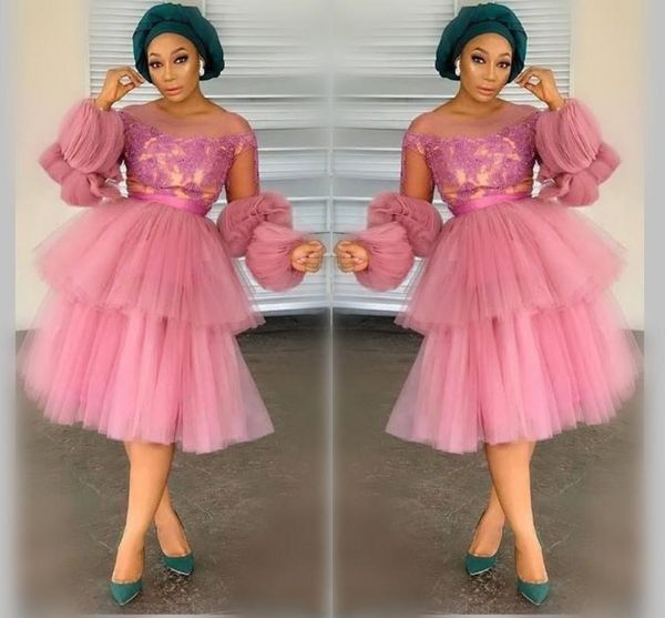 dusty pink african nigerian poet long sleeves short prom dresses scoop neck lace appliqued tiered tulle knee-length formal evening gowns, Black
dusty pink african nigerian poet long sleeves short prom dresses scoop neck lace appliqued tiered tulle knee-length formal evening gowns, Black
