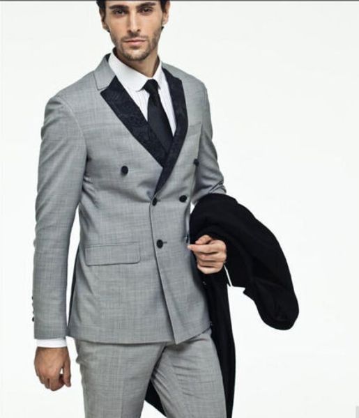 double breasted light grey men suits 2 pieces custom made peaked lapel fashion terno masculino prom groom blazer, White;black
double breasted light grey men suits 2 pieces custom made peaked lapel fashion terno masculino prom groom blazer, White;black