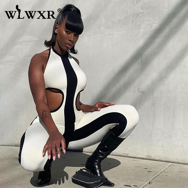 wlwxr streetwear hollow out summer rompers women ladies jumpsuit female halter backless long white bodycon jumpsuit women, Black;white