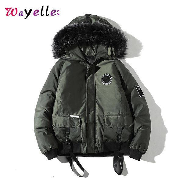 men winter coat 2019 big pockets medium-long jacket men warm thick chic parkas artificial fur hoodie loose puffer jacket, Black
