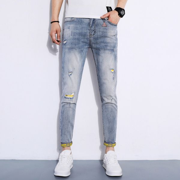 men ripped patch light blue jeans korean style jean slim fit stretch denim ankle-length pants 2020 fashion summer trousers
men ripped patch light blue jeans korean style jean slim fit stretch denim ankle-length pants 2020 fashion summer trousers