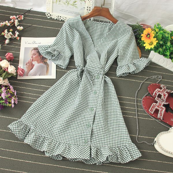 2020 vintage single breasted plaid dress summer elegant short sleeve ruffle red/green/yellow casual mini dress for female new, Black;gray
2020 vintage single breasted plaid dress summer elegant short sleeve ruffle red/green/yellow casual mini dress for female new, Black;gray