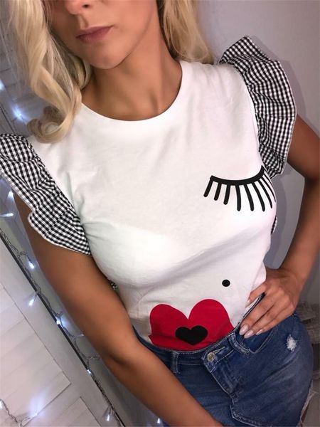 2019 women's summer short-sleeve funny t-shirt short ruffle mesh sleeve round neck slim t-shirt, White
2019 women's summer short-sleeve funny t-shirt short ruffle mesh sleeve round neck slim t-shirt, White