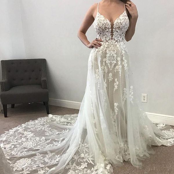 illusion bodice bohemian wedding dresses 2020 spaghetti backless lace appliqued beaded summer holiday beach bride wedding dress, White
illusion bodice bohemian wedding dresses 2020 spaghetti backless lace appliqued beaded summer holiday beach bride wedding dress, White