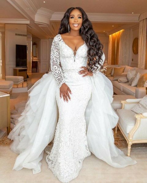 fashion african mermaid wedding dresses long sleeve plus size wedding dress bridal gown 2020 with detachable long train robes de mariée, White
fashion african mermaid wedding dresses long sleeve plus size wedding dress bridal gown 2020 with detachable long train robes de mariée, White