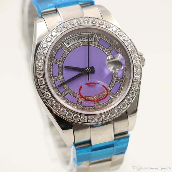 2020 40mm mens automatic watch watches day date display round purple dial with diamond stainless watch case, Slivery;brown
2020 40mm mens automatic watch watches day date display round purple dial with diamond stainless watch case, Slivery;brown
