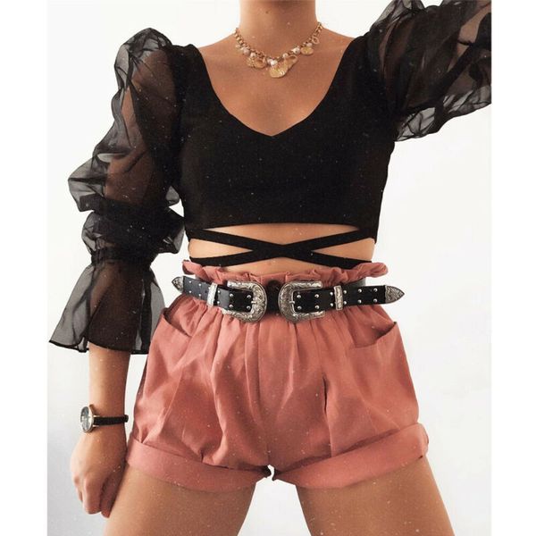 2019 autumn modern women slim t-shirt black long puff sleeve mesh sheer stitching t shirt v-neck bandage cross hem crop top, White
2019 autumn modern women slim t-shirt black long puff sleeve mesh sheer stitching t shirt v-neck bandage cross hem crop top, White